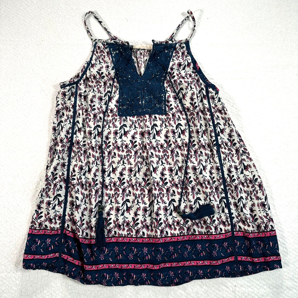 Solitaire Crochet V-Neck Tunic Sleeveless Tassel Women's Large Blue/Pink Floral